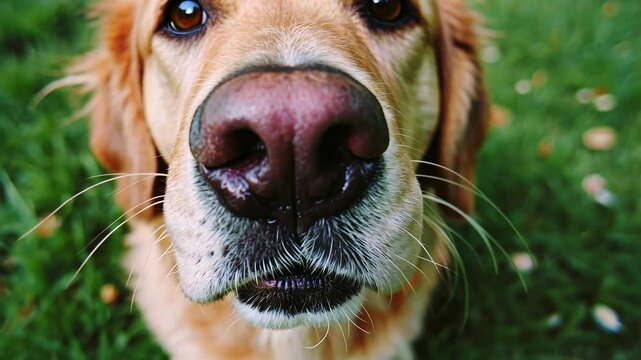 Curious dog sniffs camera in lush green garden.