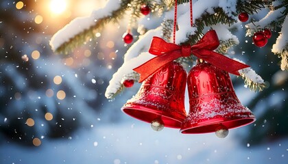 Celebrate the joy of Christmas with beautifully adorned red bells hanging amidst a snowy forest evoking holiday cheer.