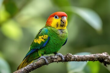 Naklejka premium Colorful Parrot Perched on Branch with Green Background.