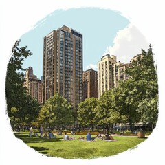 Obraz premium Picnic in urban park with tall buildings.