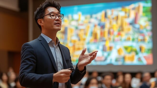 A professional speaker shares valuable insights on systems integration and services, engaging the audience in an innovative conference setting