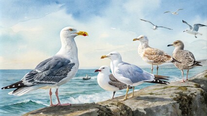 Obraz premium Watercolor Seagull Birds Set with Beautiful Details and Soft Colors for Creative Projects, Perfect for Nature Lovers and Coastal Themes – Ideal for Backgrounds and Illustrations