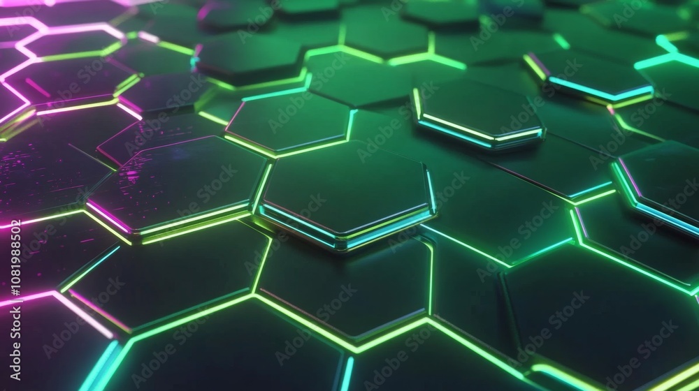 Aufkleber Vibrant Neon Hexagonal Pattern with Glossy Surface and Futuristic Glow on a Dark Background for Backgrounds, Textures, or Abstract Concepts