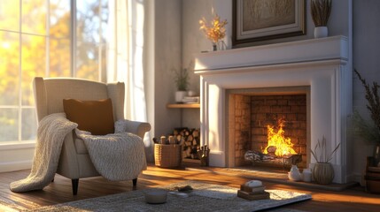 Fototapeta premium A cozy living room with a fireplace and a comfortable armchair