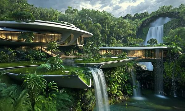 Luxurious futuristic villa on the edge of a volcanic crater, with an infinity pool and advanced climate control, featuring a panoramic view of a lush tropical rainforest with cascading waterfalls