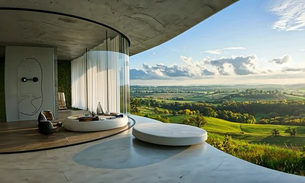 Futuristic interior design in a sleek glass-walled living room overlooking a rugged coastal cliff with crashing waves below