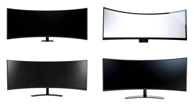 Set of Ultrawide curve lcd monitor screen isolated on transparent background