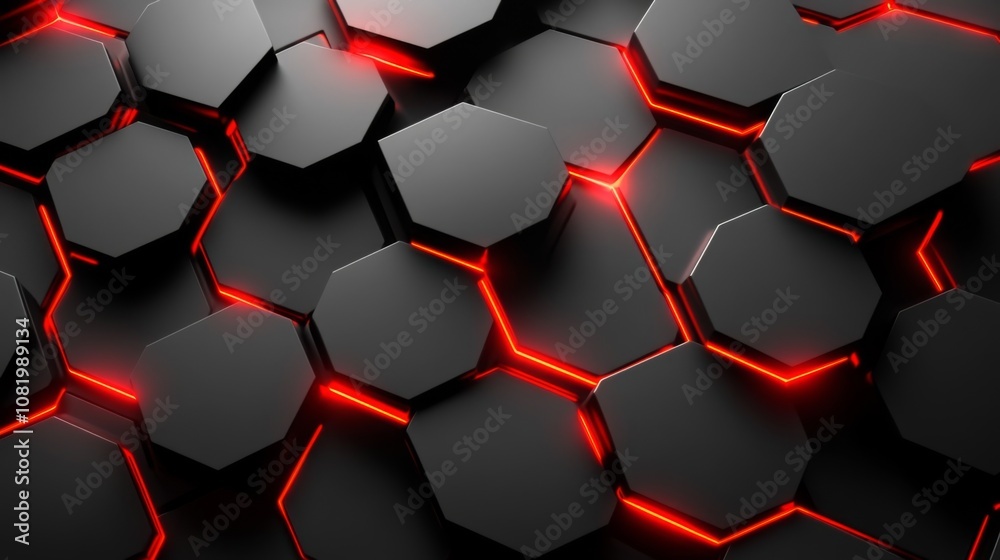 Fototapete Futuristic Dark Hexagonal Pattern with Neon Red Lines Illuminating the Edges in a Modern and High-Tech Design for Backgrounds and Textures