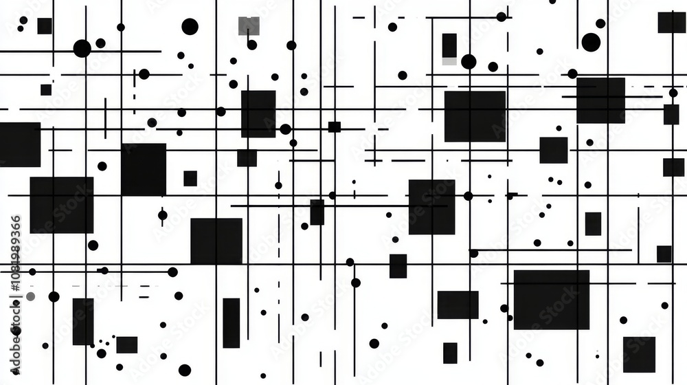 Poster abstract geometric pattern with black squares, circles, and lines on white background for modern art