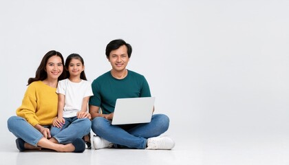 Obraz premium Joyful Parents and Child Engaged in Online Study with Laptop at Home