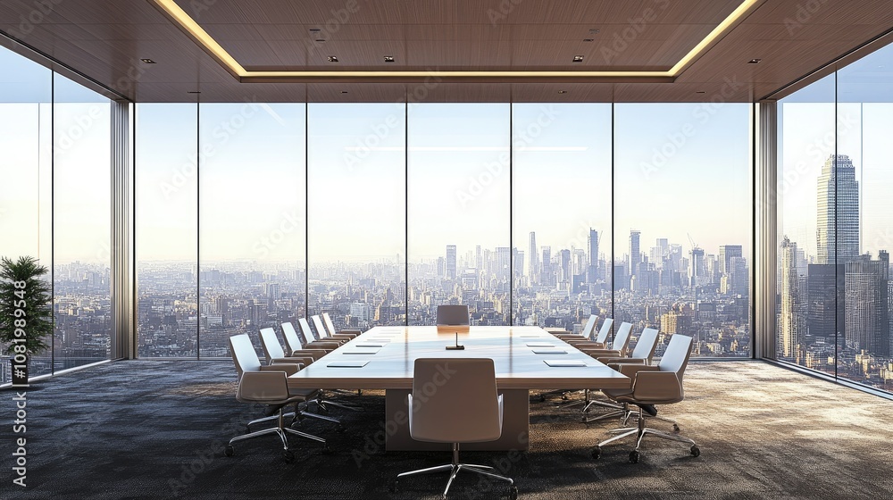Poster modern boardroom with a large window view of a cityscape