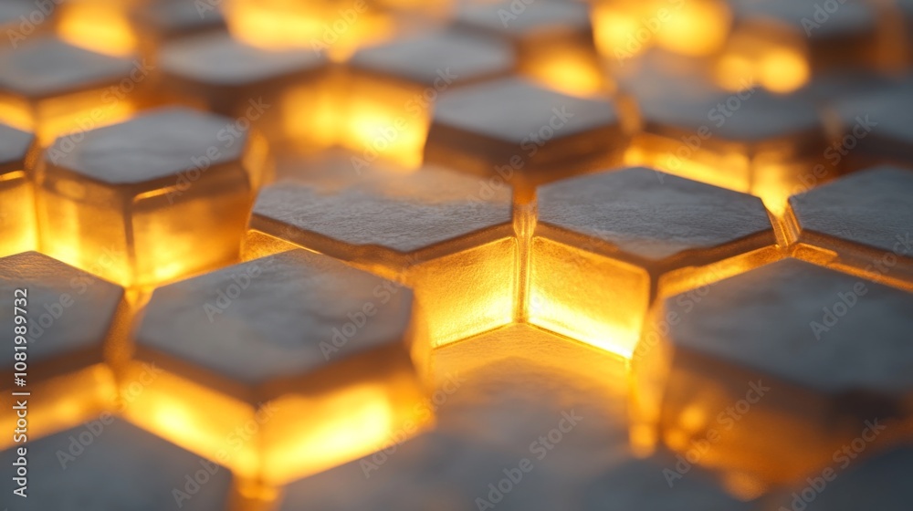 Leinwandbilder Close-Up Shot of Illuminated Hexagonal Tiles with Soft Glow, Creating an Artistic Pattern of Light and Texture for Modern Interior Design Inspiration