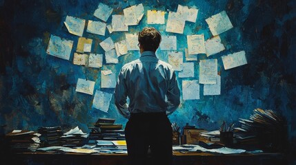 A contemplative figure stands before a chaotic wall of papers, evoking themes of creativity, research, and overwhelming ideas in a dimly lit setting.