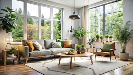 Fototapeta premium Modern Scandinavian Living Room Design with Stylish Furniture and Large Glass Windows for Cozy Interiors
