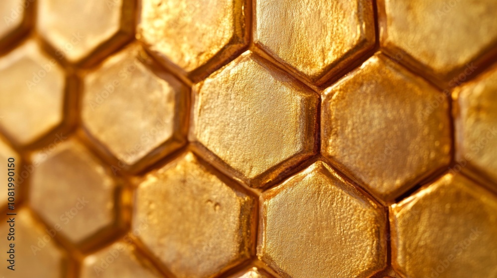 Poster Close-up of a beautifully detailed hexagonal pattern created with golden textures showcasing intricate designs suitable for various artistic and commercial projects