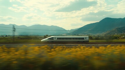 A bullet train speeding through a rural landscape with mountains in the background.