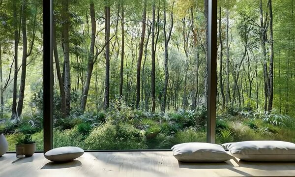 Modern meditation room with minimalist design, clean lines, and a view of a tranquil lake