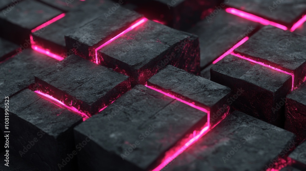 Poster Abstract design featuring dark textured blocks with glowing pink lines, creating a futuristic and high-tech visual suitable for backgrounds and digital projects