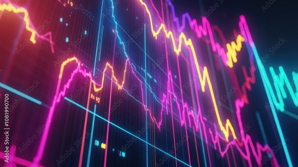Poster abstract depiction of financial graphs and charts in neon colors
