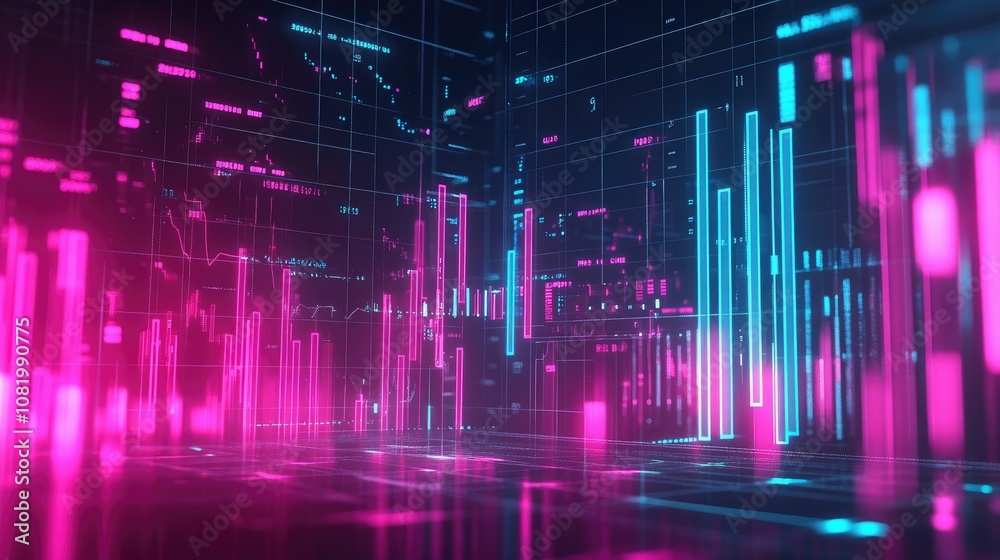 Poster abstract depiction of financial graphs and charts in neon colors