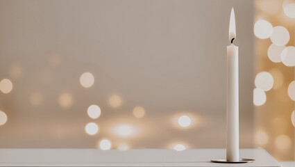 A single, lit, white, thin and tall candle, precisely placed at the edge of a clean, minimalist, light background.