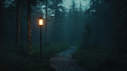 gas light illuminating forest path, casting warm glow through misty trees, creating serene and inviting atmosphere