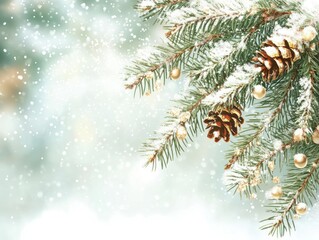 christmas tree branches with cones decoration background 