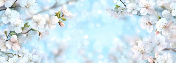 Obraz premium Delicate Cherry Blossom Flowers Framing a Soft Blue Background with Bokeh Effect, Perfect for Spring Themes and Nature-Inspired Designs