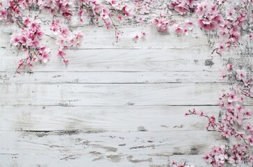 Fototapeta premium Charming Floral Arrangement with Delicate Pink Cherry Blossoms on Rustic White Wooden Background for Elegant Spring or Wedding Decor