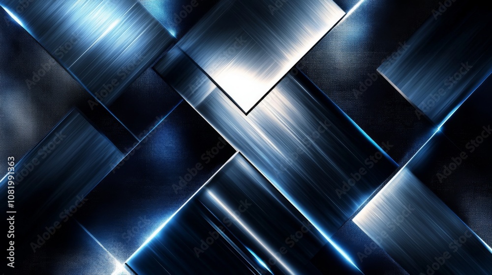 Poster abstract metallic background with shiny silver and blue textures, featuring crossed lines and geomet