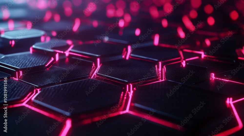 Poster abstract close-up of a futuristic hexagonal pattern illuminated with glowing pink lines, creating a 