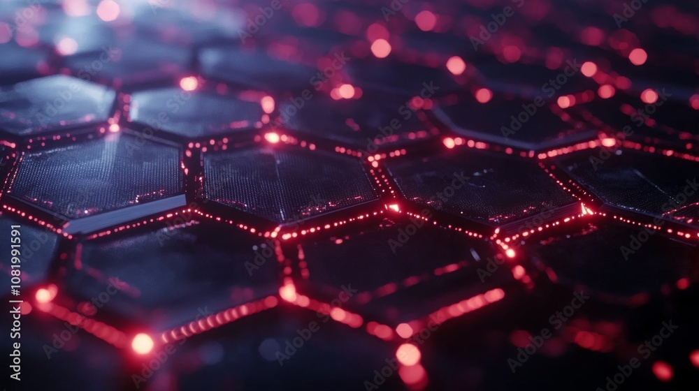 Poster abstract futuristic background with interconnected hexagons illuminated by neon red lights creating 