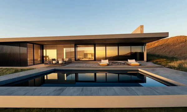 Contemporary house on a raised knoll, featuring a flat roof and large sliding doors, presenting a stunning view of rolling hills and a serene lake