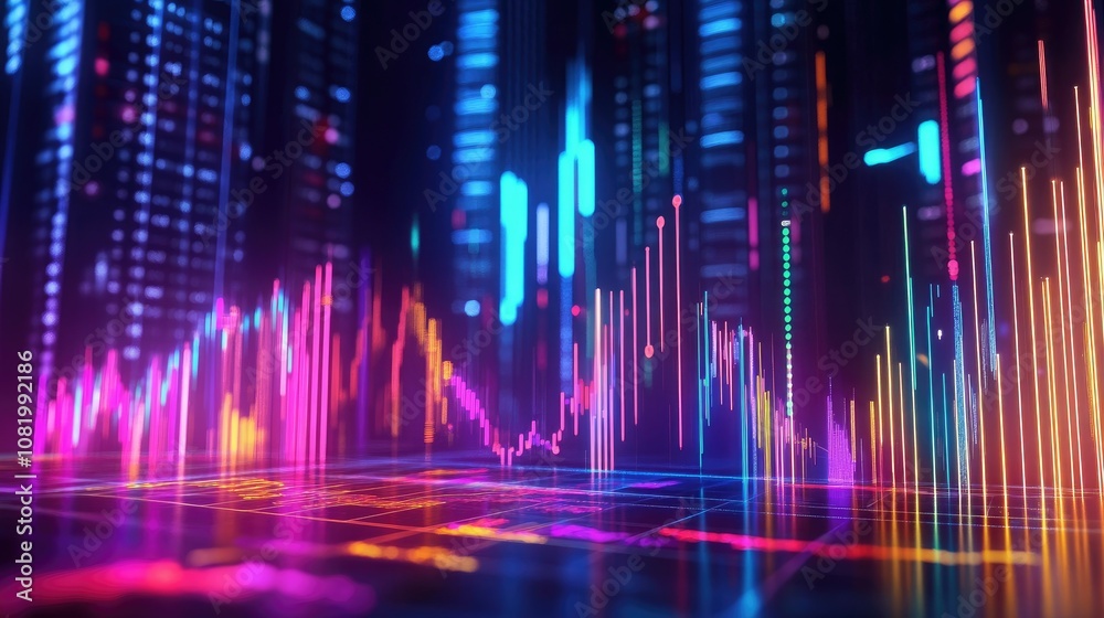 Poster abstract depiction of financial graphs and charts in neon colors