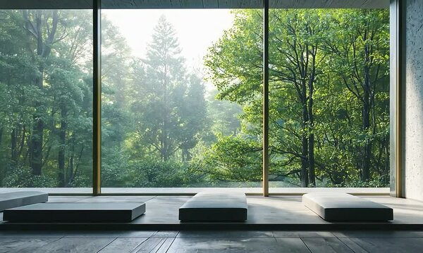 Modern meditation room with minimalist design, clean lines, and a view of a tranquil lake