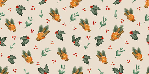 Cozy Christmas seamless pattern featuring dried oranges, cinnamon sticks, pine branches, holly leaves, and berries. Perfect for holiday decor, gift wrapping, and winter-themed prints.