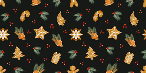 Seamless pattern on a dark background. Festive pattern with winter spices: dried oranges, cinnamon sticks, gingerbread cookies, pine, holly leaves, and red berries.