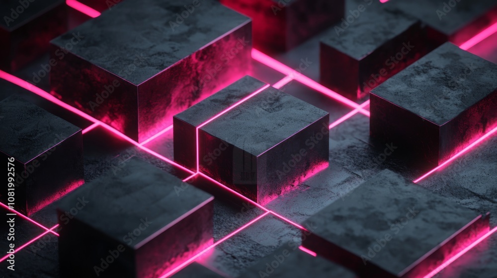Poster Abstract geometric composition with illuminated cubes and neon lines creating a futuristic environment showcasing depth and perspective in modern design