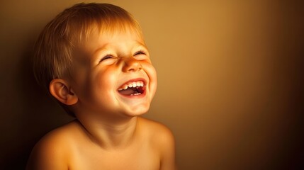 A joyful child laughing against a warm, neutral background.