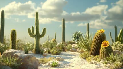 A cactus garden with various shapes and sizes of succulents, set against a desert background.