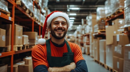 Obraz premium Male Warehouse Worker Enjoying Online Shopping