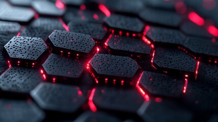 Obraz premium Hexagonal pattern with glowing red lights showcasing a futuristic technology surface, emphasizing sleek design and modern aesthetics in a digital environment
