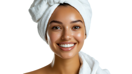 Smiling woman with a white towel on her head, isolated on a transparent background