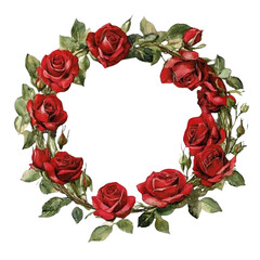 Fototapeta premium Watercolor red roses wreath clipart, on a white background