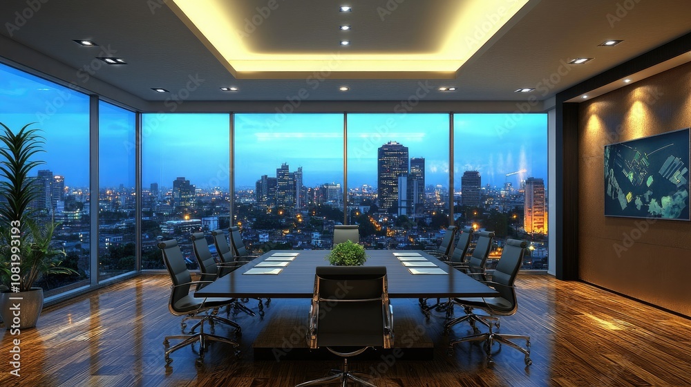 Poster Modern boardroom with a large window view of a cityscape