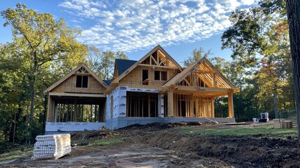 Fototapeta premium New House Construction Under Blue Sky