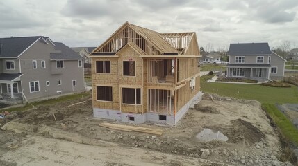 New Home Construction Framed in Suburban Neighborhood
