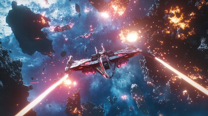 Gundam Mobile Suit in an epic space battle, with lasers and explosions surrounding the iconic mecha