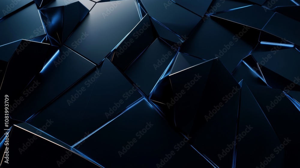 Poster Intricate Geometric Surface with Shiny Black Fragments Reflecting Light in a Dynamic Pattern, Ideal for Futuristic or Abstract Background Designs