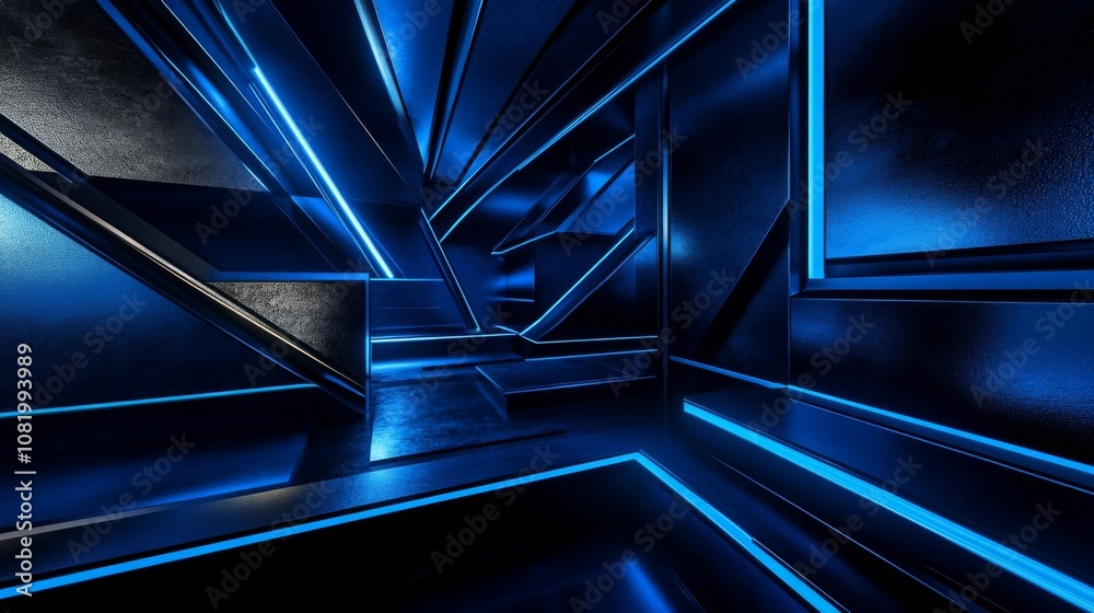 Poster futuristic blue neon infinite tunnel with abstract geometric shapes and reflections creating a sci-f